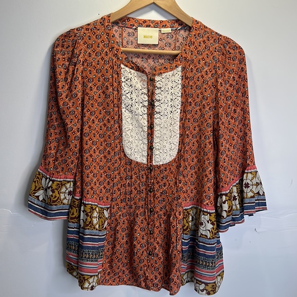 Anthropologie Maeve Hiver Blouse Button Front Lace Boho Sz 6 - Picture 2 of 11
